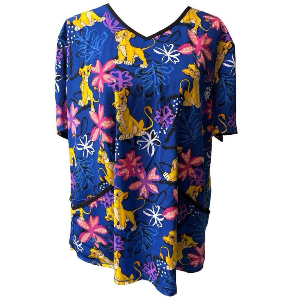 Disney Women's Size 2XL XXL Blue Floral Simba Lion King Short Sleeve Shirt Top
